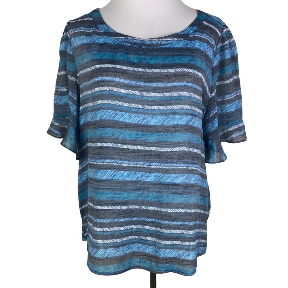 Zac & Rachel Blue Gray Striped Ruffle‎ Sleeve Blouse Women's Large